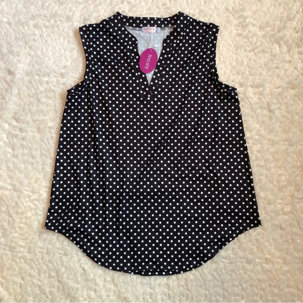 Halife large B&W polka dot sleeveless blouse NWT